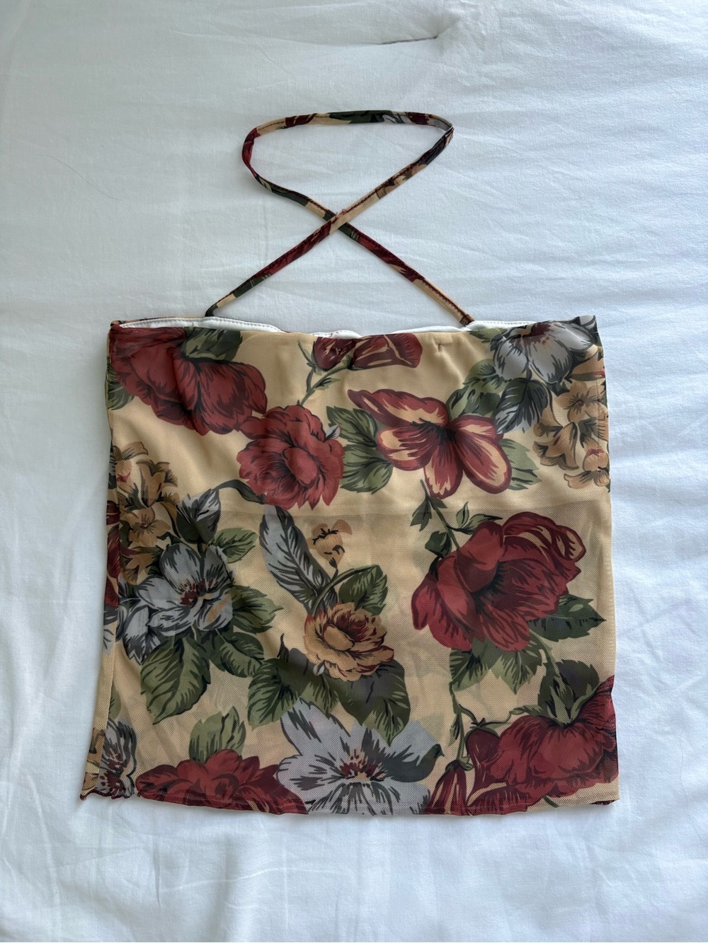 Floral Print Crossbody Bag – Beige with Red & Green Accents